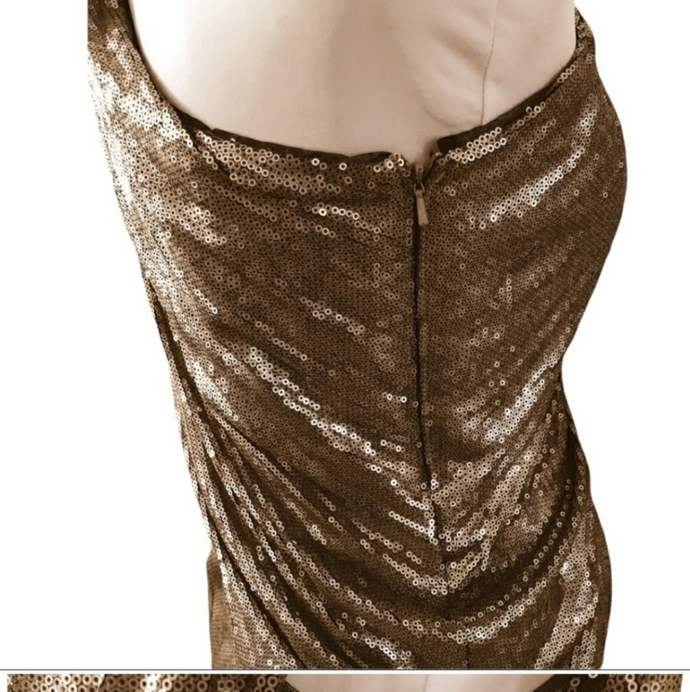 Tadashi Shoji Timeless Gold Metallic One Shoulder Dress Designer Red Carpet - Picture 6 of 14